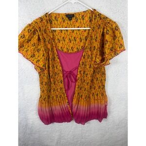 Piano Women's Top L Yellow Pink‎ Floral Pleated Open Front Short Sleeve Blouse